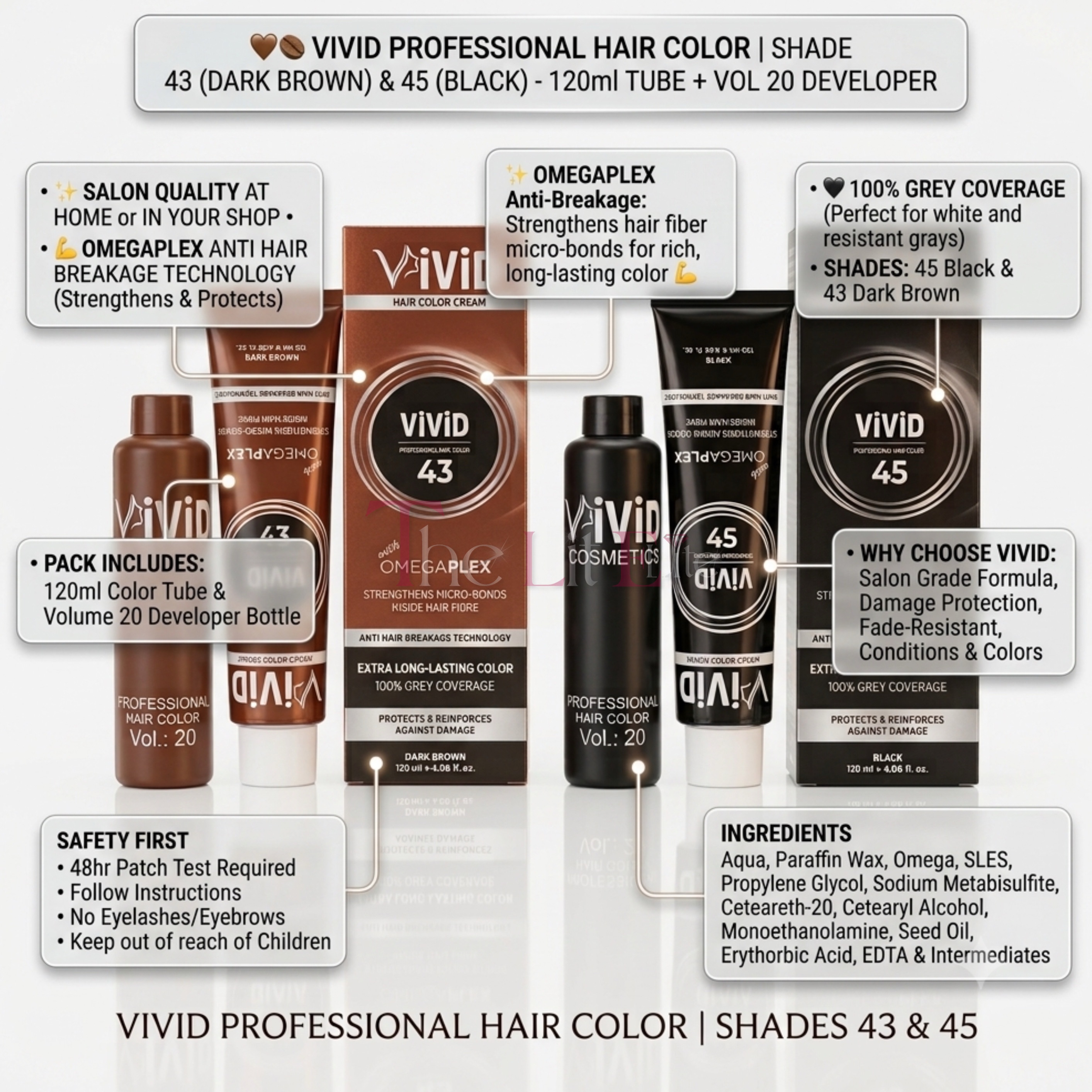 Vivid Professional Hair Color Cream Shade 45 Black & 43 Dark Brown - 120ml Tube + Vol 20 Developer | OmegaPlex Salon Hair Dye with 100% Grey Coverage - Image 2