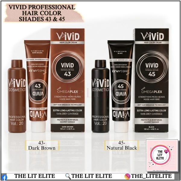 Vivid Professional Hair Color Cream Shade 45 Black & 43 Dark Brown - 120ml Tube + Vol 20 Developer | OmegaPlex Salon Hair Dye with 100% Grey Coverage